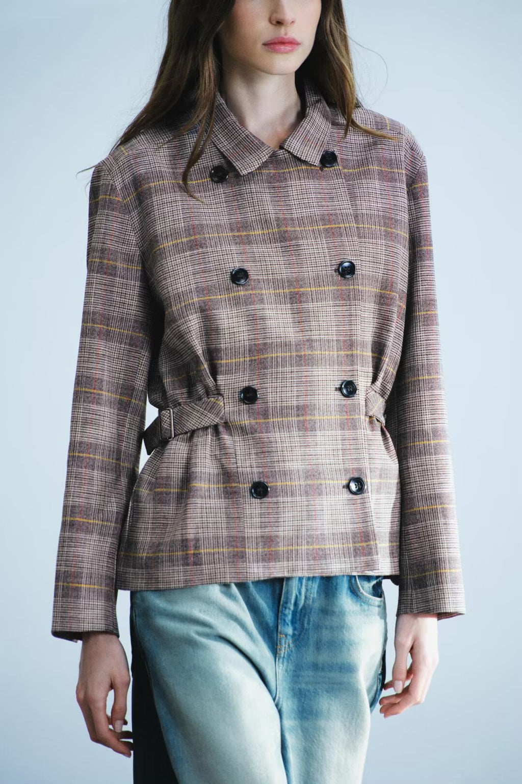 Autumn Women Clothing Long Sleeve Stand Collar Adjustable Strap Double Breasted Plaid Blazers SenDa