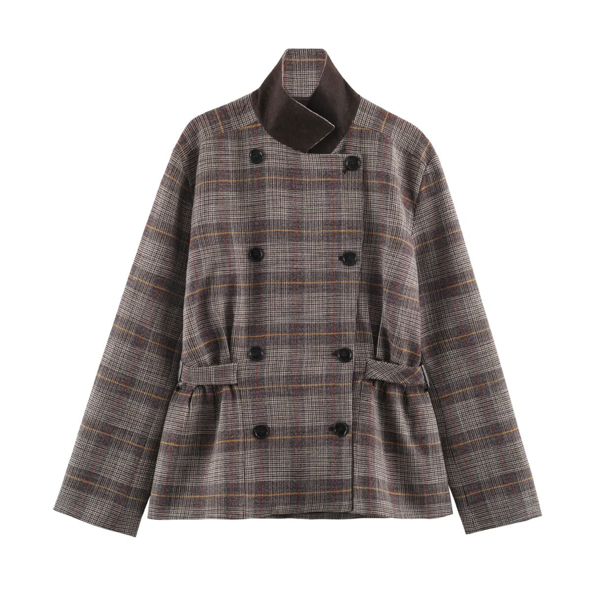 Autumn Women Clothing Long Sleeve Stand Collar Adjustable Strap Double Breasted Plaid Blazers SenDa