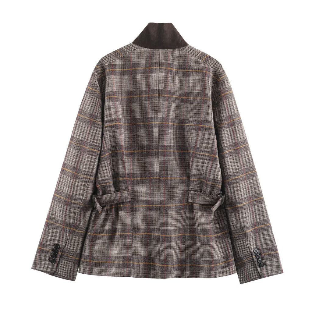 Autumn Women Clothing Long Sleeve Stand Collar Adjustable Strap Double Breasted Plaid Blazers SenDa