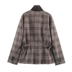 Autumn Women Clothing Long Sleeve Stand Collar Adjustable Strap Double Breasted Plaid Blazers SenDa