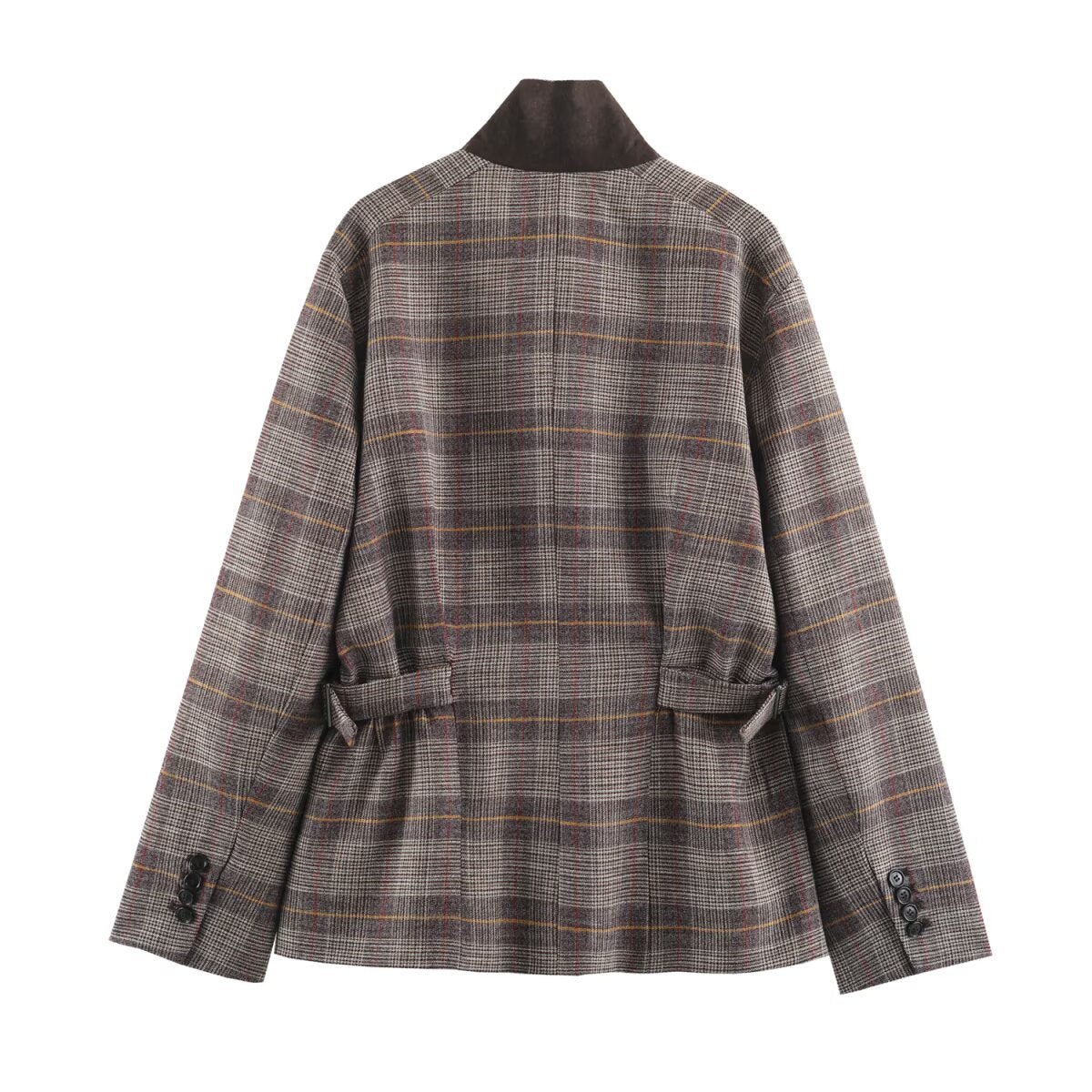 Autumn Women Clothing Long Sleeve Stand Collar Adjustable Strap Double Breasted Plaid Blazers SenDa