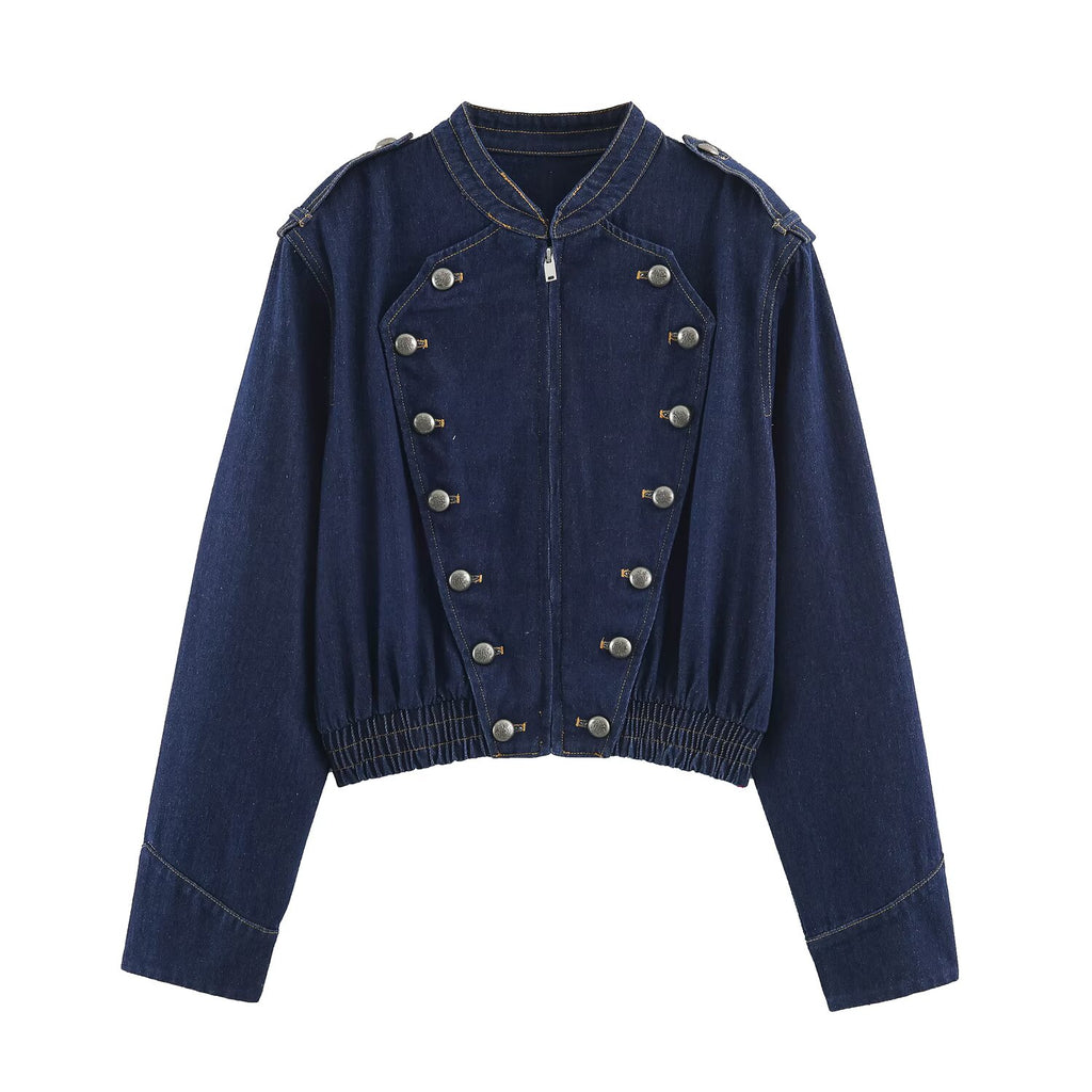 Women Fashionable Elegant Button Decoration Denim Jacket SenDa