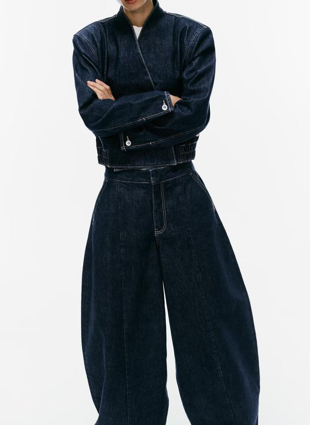Denim Double Breasted Bomber Jacket Coat Stitching Balloon Jeans SenDa