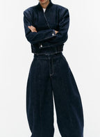 Denim Double Breasted Bomber Jacket Coat Stitching Balloon Jeans SenDa