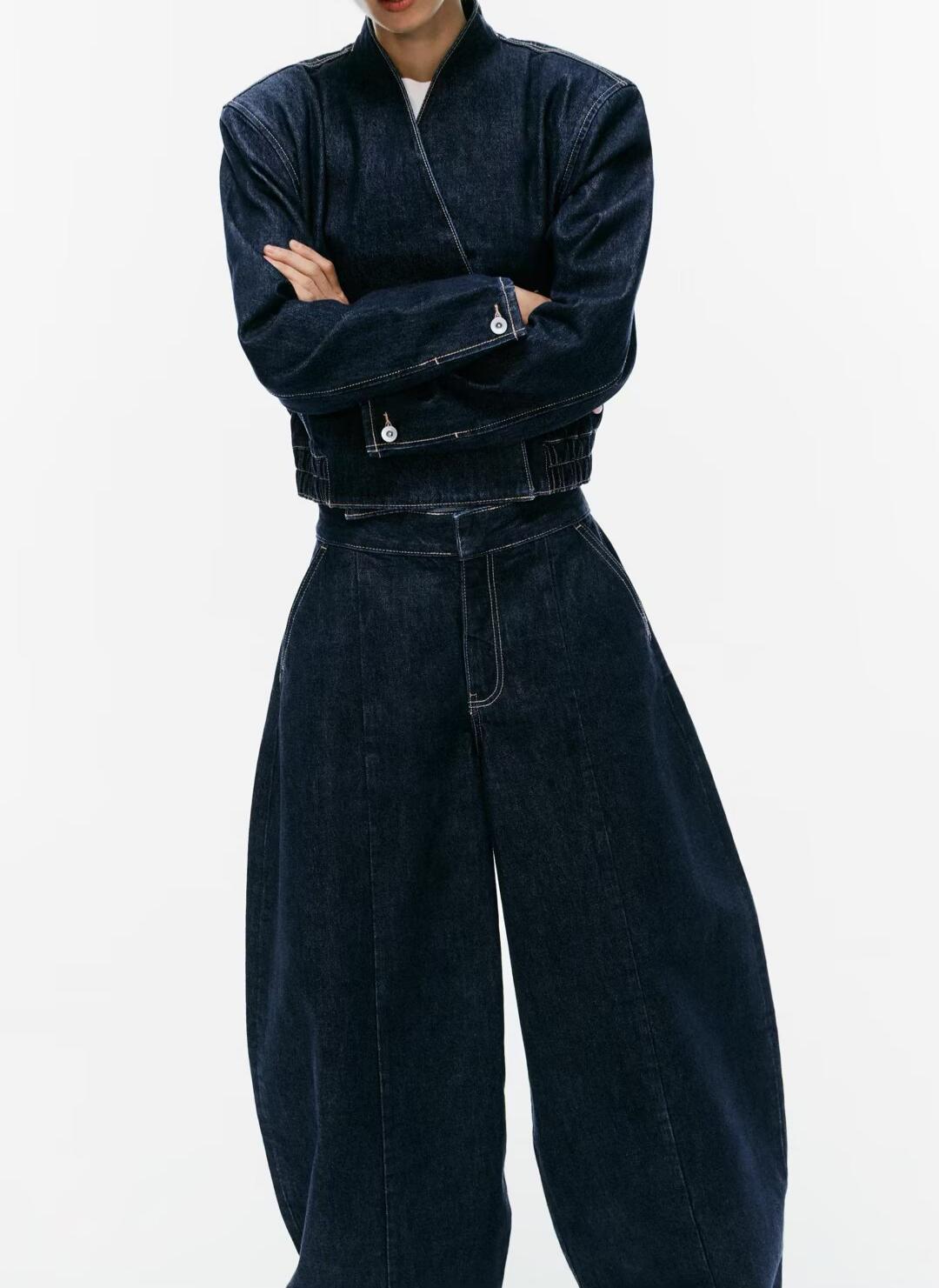 Denim Double Breasted Bomber Jacket Coat Stitching Balloon Jeans SenDa
