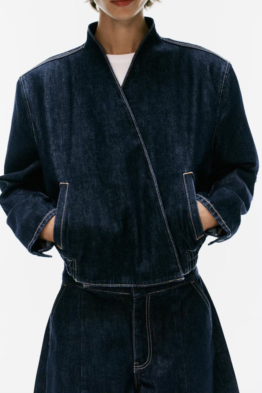 Denim Double Breasted Bomber Jacket Coat Stitching Balloon Jeans SenDa
