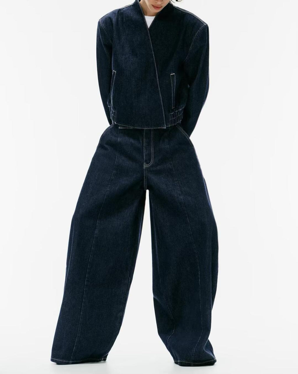 Denim Double Breasted Bomber Jacket Coat Stitching Balloon Jeans SenDa