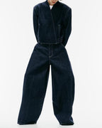 Denim Double Breasted Bomber Jacket Coat Stitching Balloon Jeans SenDa