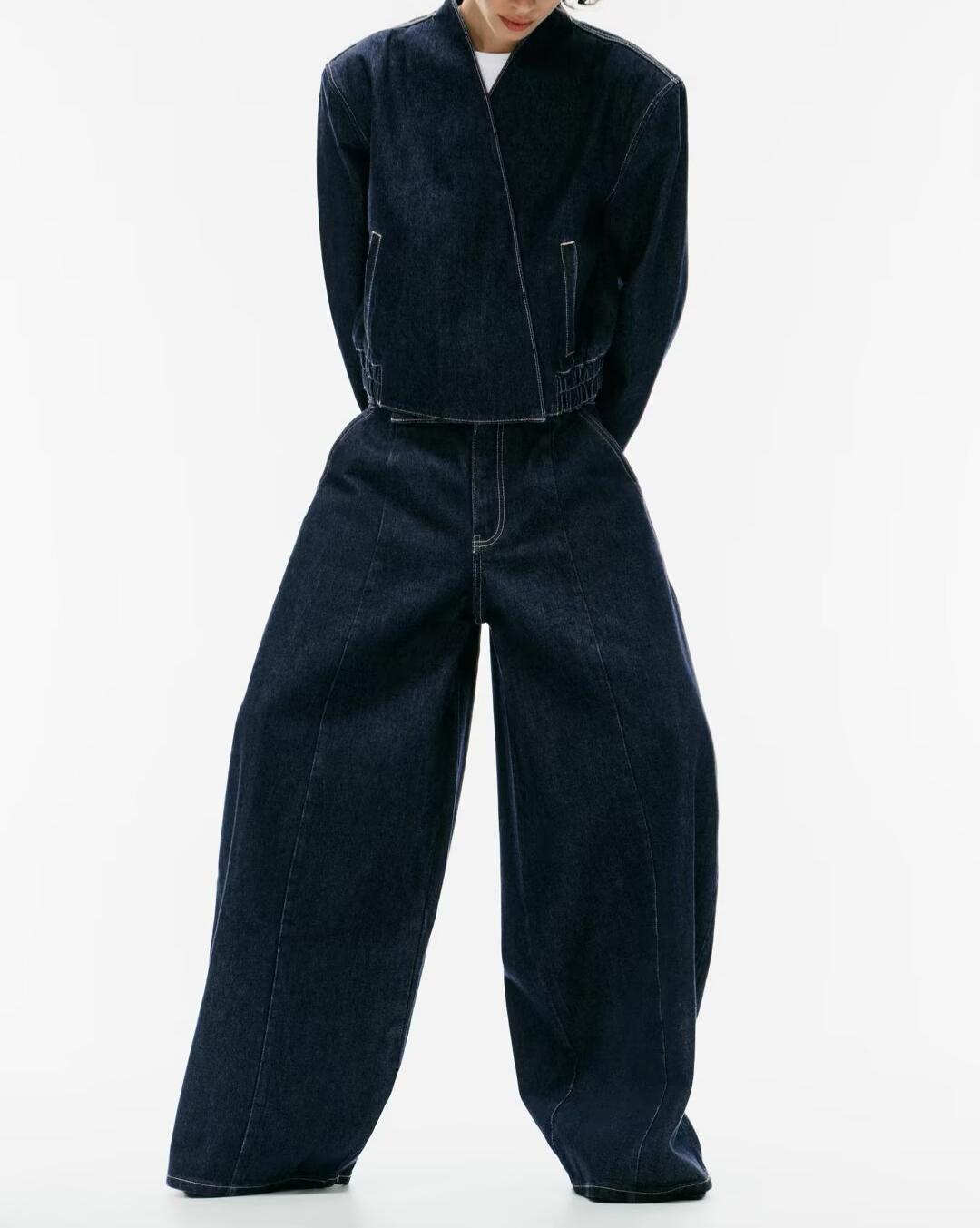 Denim Double Breasted Bomber Jacket Coat Stitching Balloon Jeans SenDa