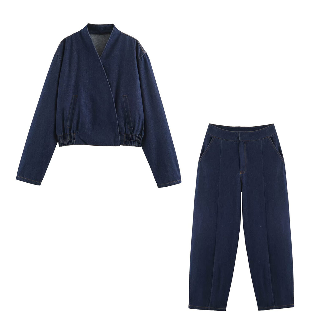 Denim Double Breasted Bomber Jacket Coat Stitching Balloon Jeans SenDa