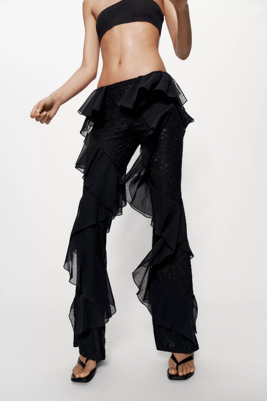 Women Clothing All Match Casual Sexy Mesh Slightly See through Ruffled Trousers TinkleBell