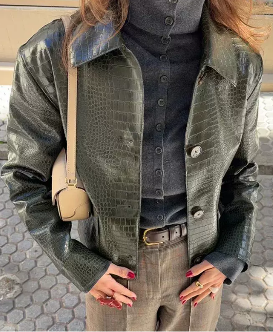 Retro Design Niche All Match Collared Faux Leather Jacket TinkleBell