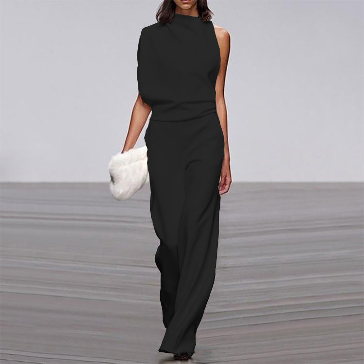 Women Pants Solid Color One Shoulder Pile Collar Jumpsuit Popular Dress Trousers MandyShow