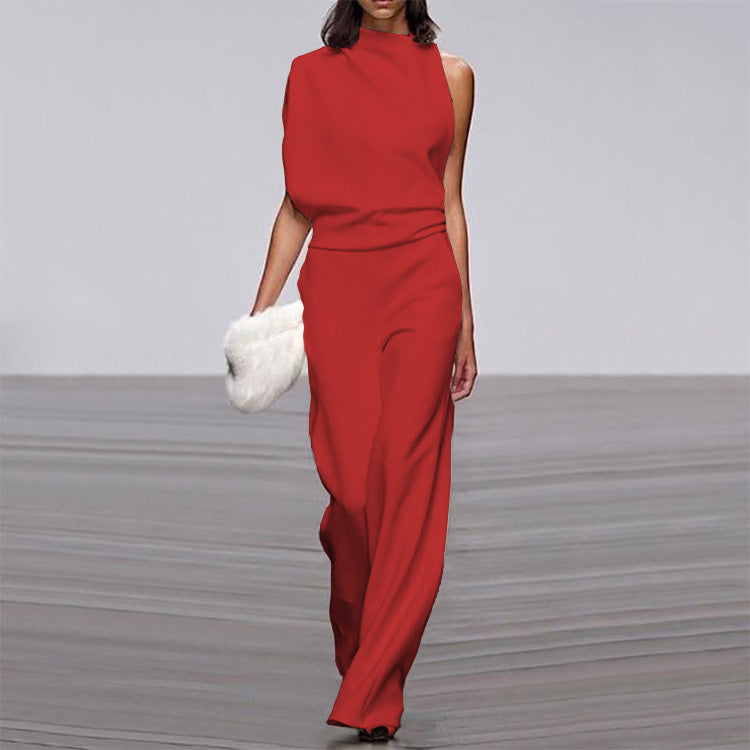 Women Pants Solid Color One Shoulder Pile Collar Jumpsuit Popular Dress Trousers MandyShow
