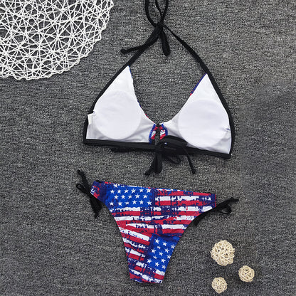 Bikini sexy con cordones y estampado de bandera para mujer