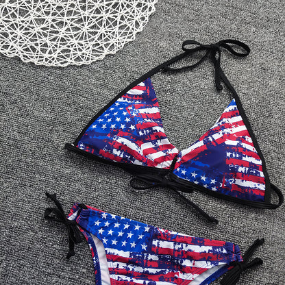 Bikini sexy con cordones y estampado de bandera para mujer