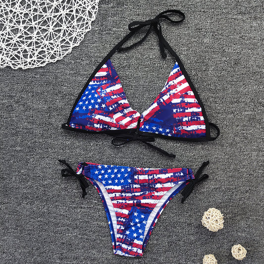 Bikini sexy con cordones y estampado de bandera para mujer