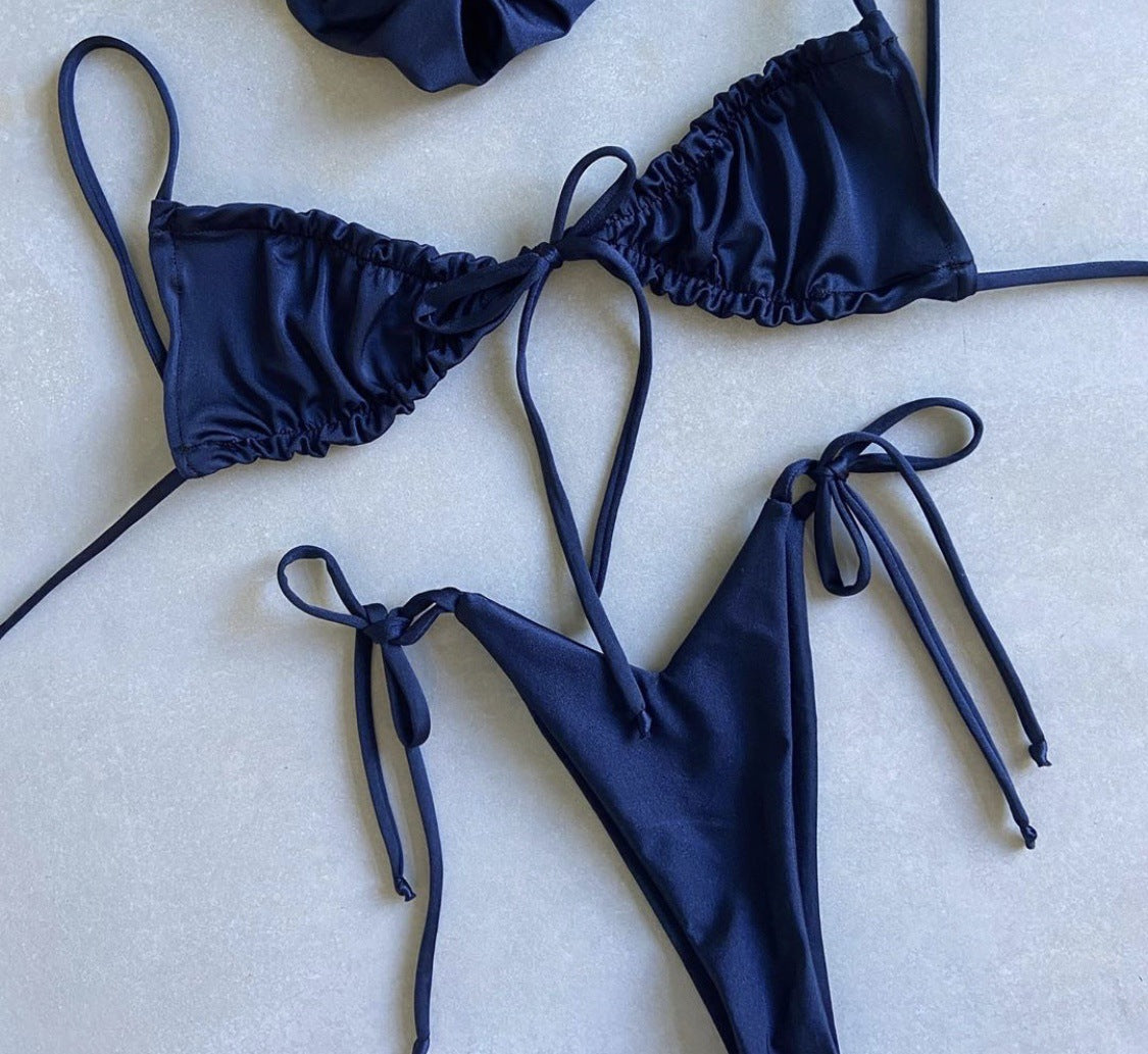 Traje de baño de bikini dividido popular de color sólido para mujer, traje de baño de bikini atado