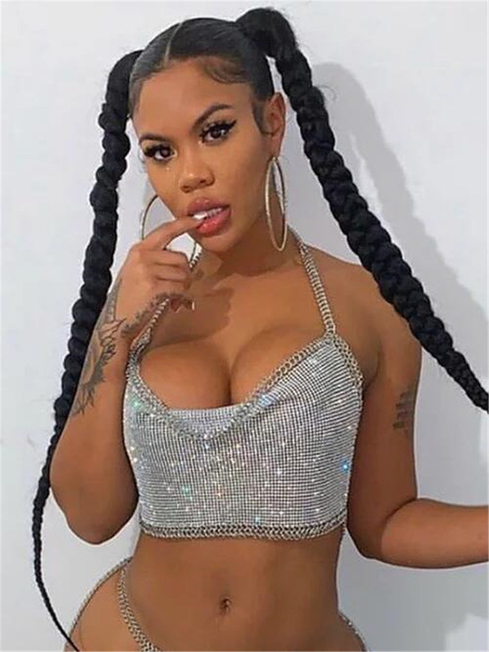 Bar Nightclub Sexy Backless Tube Top Metal Rhinestone Spaghetti Straps Cropped Vest Women Clothing Hadid