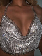 Bar Nightclub Sexy Backless Tube Top Metal Rhinestone Spaghetti Straps Cropped Vest Women Clothing Hadid