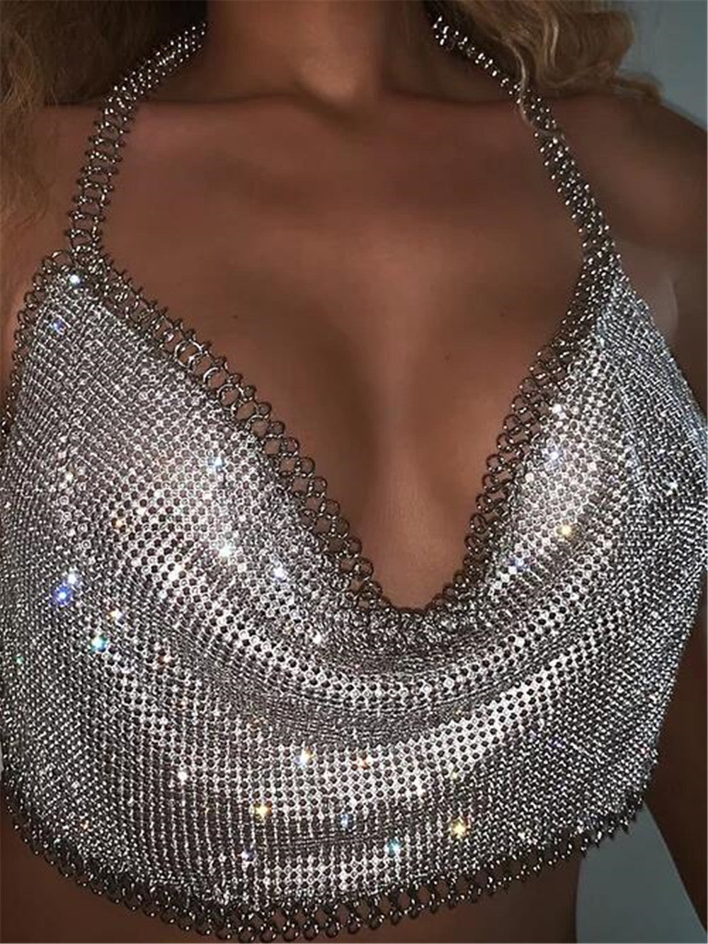 Bar Nightclub Sexy Backless Tube Top Metal Rhinestone Spaghetti Straps Cropped Vest Women Clothing Hadid