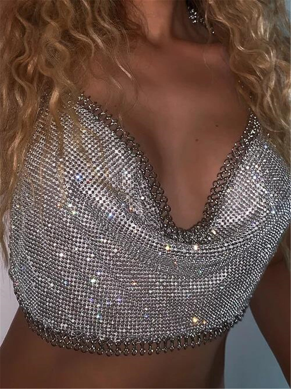 Bar Nightclub Sexy Backless Tube Top Metal Rhinestone Spaghetti Straps Cropped Vest Women Clothing Hadid