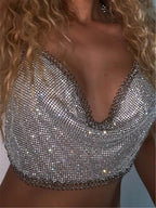 Bar Nightclub Sexy Backless Tube Top Metal Rhinestone Spaghetti Straps Cropped Vest Women Clothing Hadid