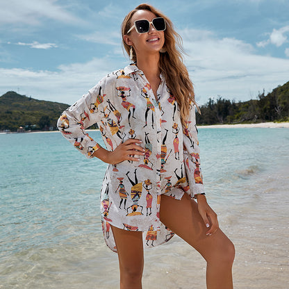 Cartoon Pattern Shirt Loose Long Sleeve Beach Cover Up Seaside Vacation Swimsuit Sun Protection Cardigan Women