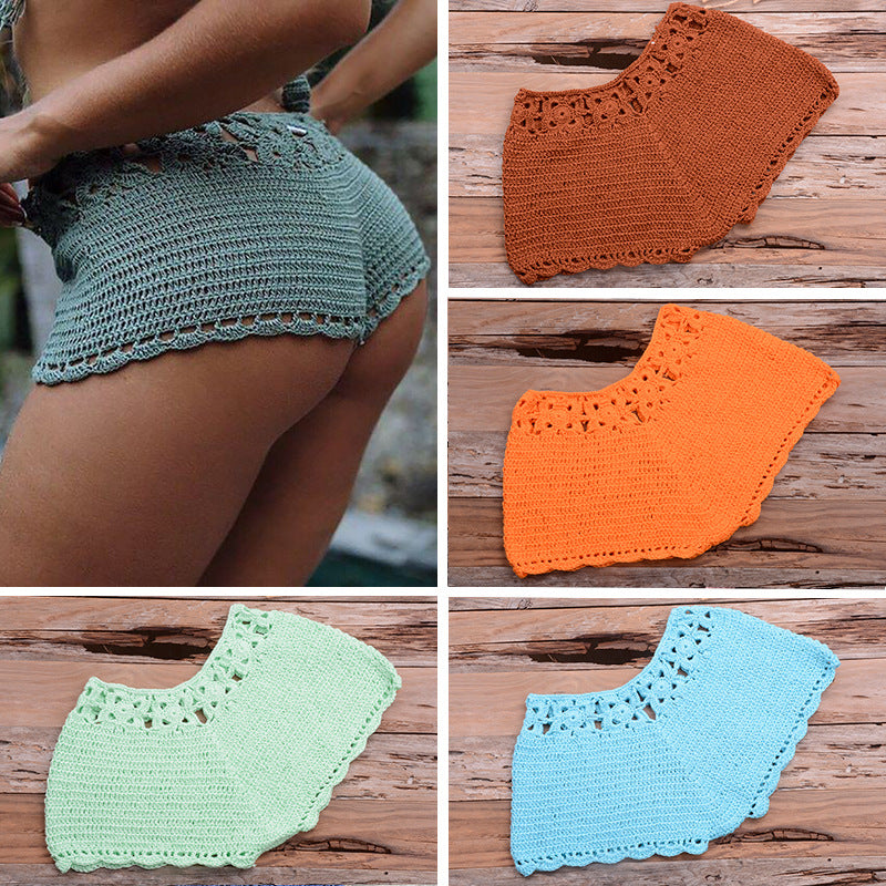 Handmade Beach Solid Color Short Swimming Trunks Sexy Cutout Hand Crocheting Cotton Sunscreen Zunee