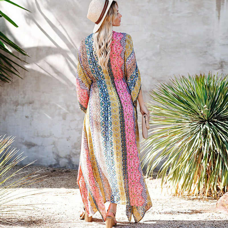 Chaqueta de playa con estampado de rayón, cárdigan holgado de longitud media para vacaciones, protección solar, bikini, traje de baño, ropa de abrigo, blusa