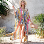 Chaqueta de playa con estampado de rayón, cárdigan holgado de longitud media para vacaciones, protección solar, bikini, traje de baño, ropa de abrigo, blusa