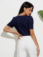 Haut sexy à col en V profond pour femme, manches plissées, slim, couleur unie, body flatteur pour la silhouette