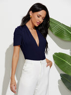 Haut sexy à col en V profond pour femme, manches plissées, slim, couleur unie, body flatteur pour la silhouette