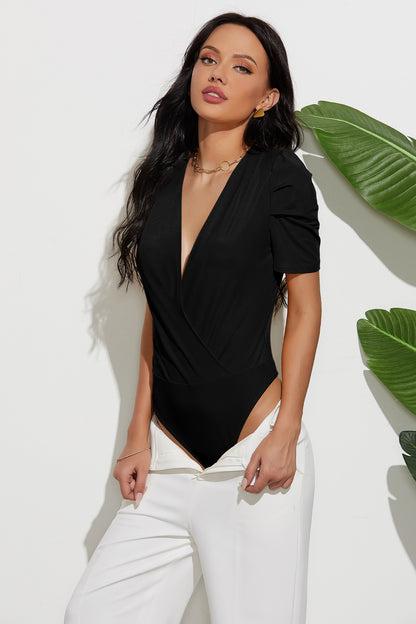 Deep V-neck Sexy Women Top Pleating Sleeve Slim Solid Color Base Shirt Figure Flattering Bodysuit