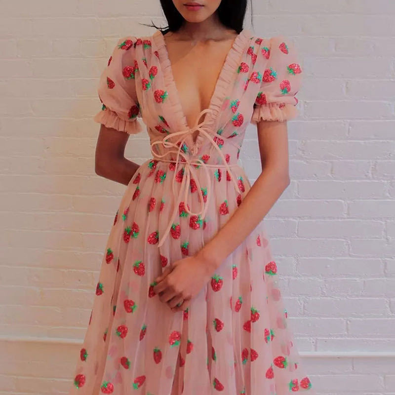 Dress French Strawberry Two Color V neck Fashionable Sequined Dress Mesh Lace up Pleated Dress SCC