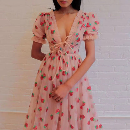 Dress French Strawberry Two Color V neck Fashionable Sequined Dress Mesh Lace up Pleated Dress SCC