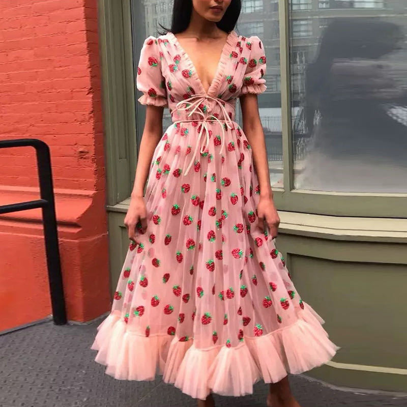 Dress French Strawberry Two Color V neck Fashionable Sequined Dress Mesh Lace up Pleated Dress SCC