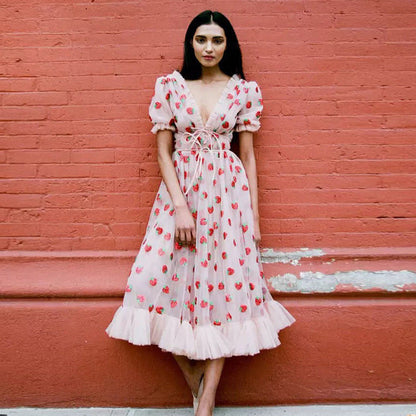 Dress French Strawberry Two Color V neck Fashionable Sequined Dress Mesh Lace up Pleated Dress SCC