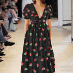 Dress French Strawberry Two Color V neck Fashionable Sequined Dress Mesh Lace up Pleated Dress SCC