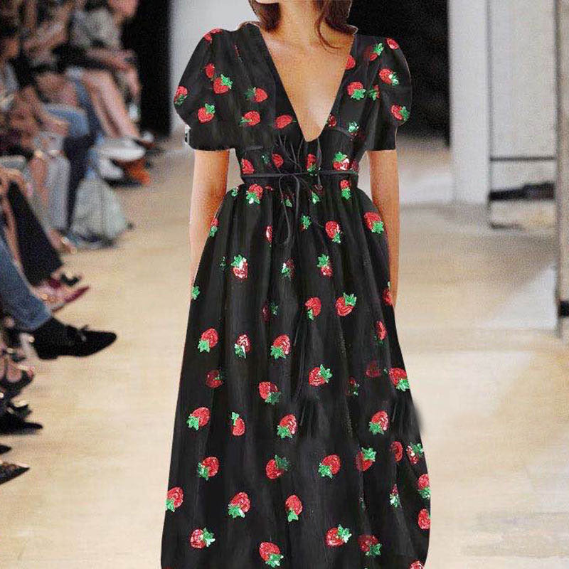 Dress French Strawberry Two Color V neck Fashionable Sequined Dress Mesh Lace up Pleated Dress SCC