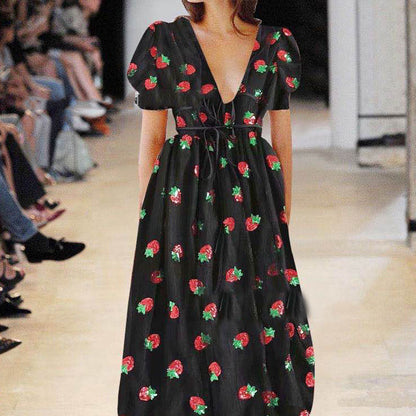 Dress French Strawberry Two Color V neck Fashionable Sequined Dress Mesh Lace up Pleated Dress SCC