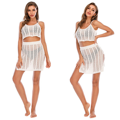 Solid Color Beach Spaghetti-Strap Camisole Top Sunscreen Knitted Half-Length Skirt Outfit Crochet Crochet hook
