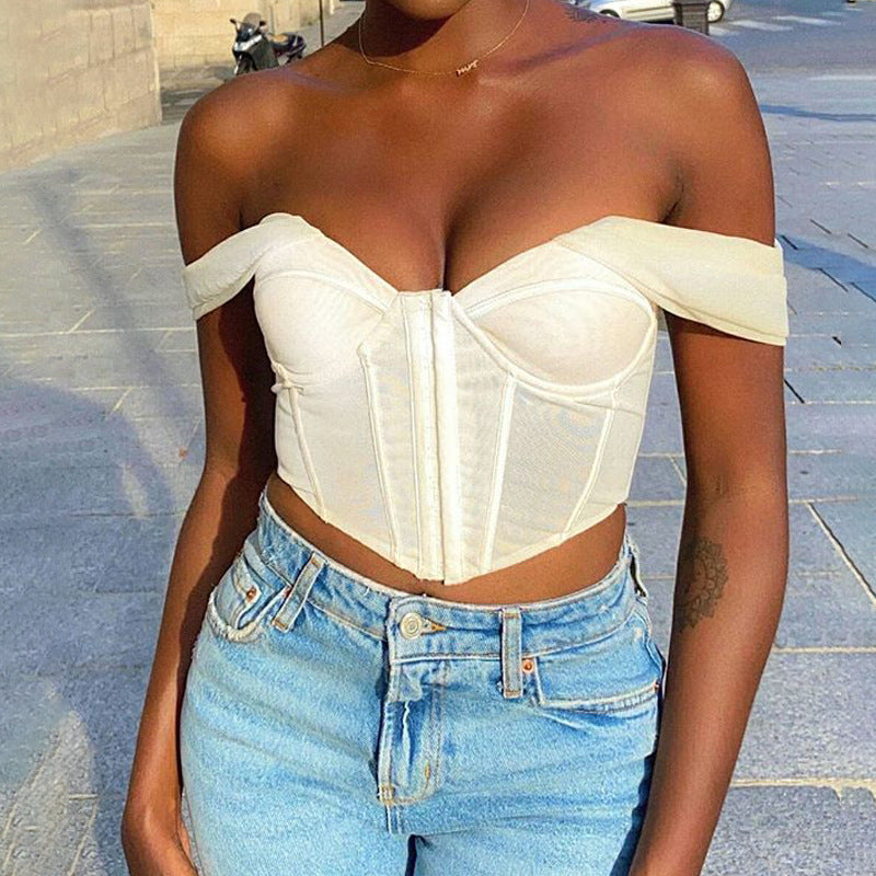 Women Clothing off Shoulder Mesh Solid Color Sexy Bandeau Crop-Top Short Top Women CHARM