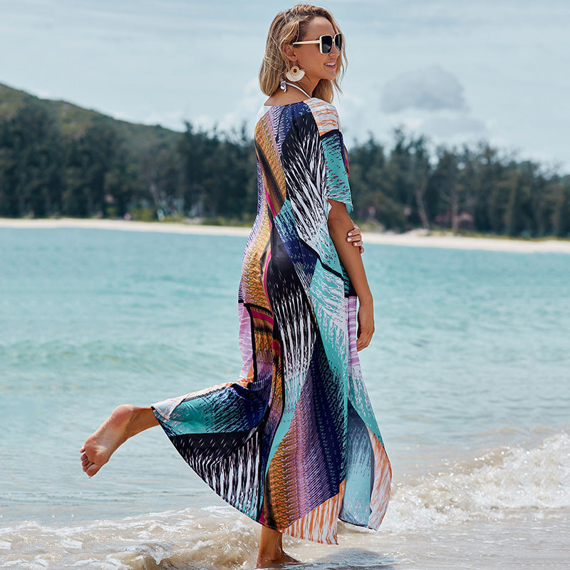 Vestido maxi holgado con estampado floral colorido y bloques de posicionamiento, para cubrir bikini, camisa de protección solar, vestido de playa para vacaciones.