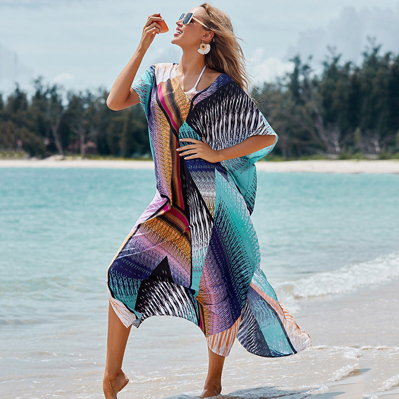 Vestido maxi holgado con estampado floral colorido y bloques de posicionamiento, para cubrir bikini, camisa de protección solar, vestido de playa para vacaciones.