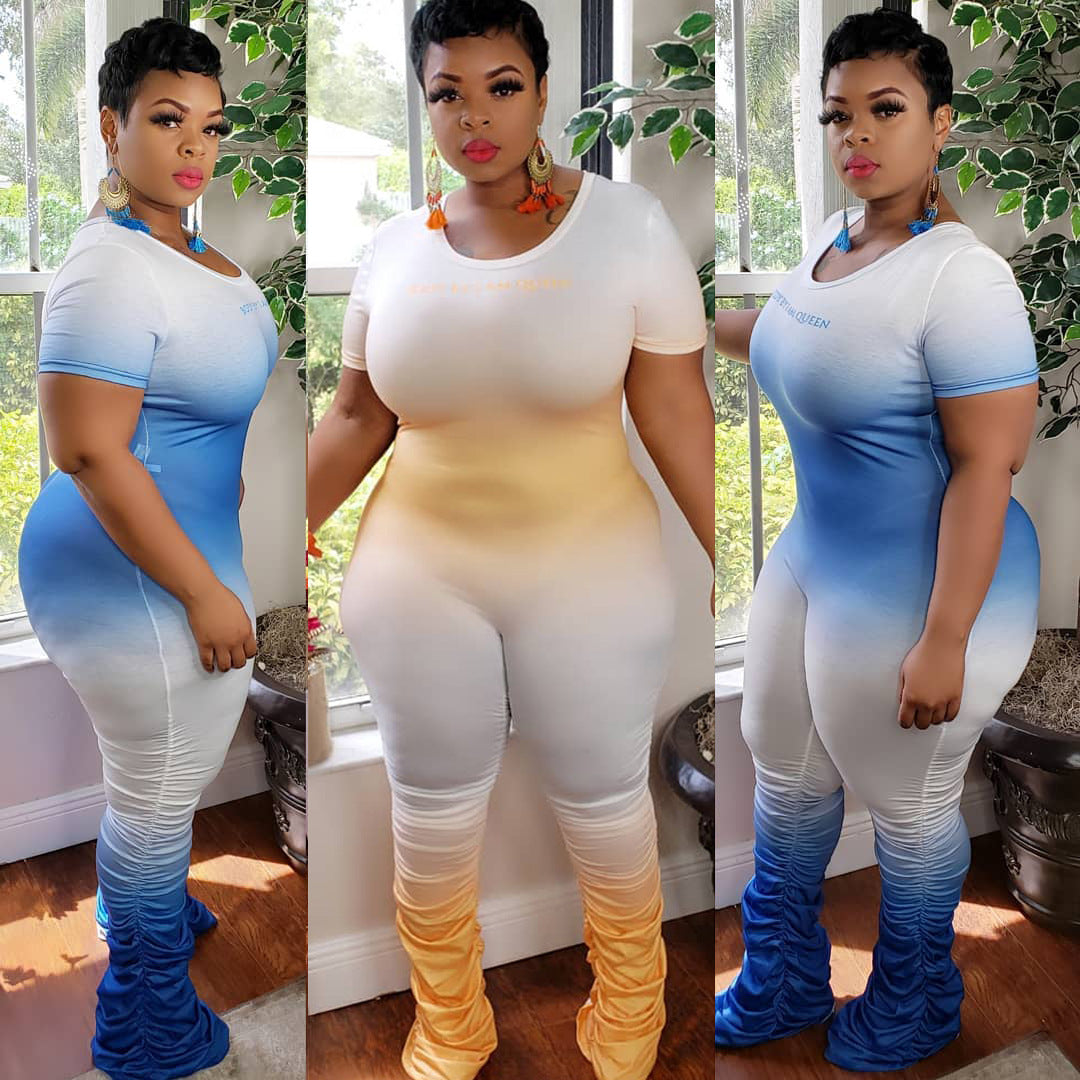 Plus Size Sexy Gradient Zipper Short Sleeve Pleated Trousers One-Piece Nightclub Uniforms WINNIEYA