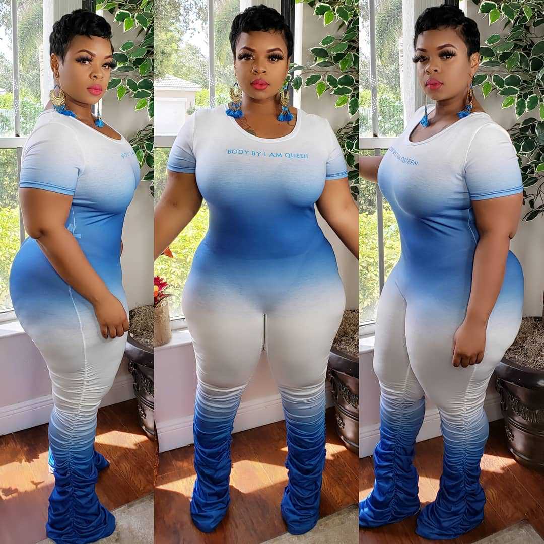 Plus Size Sexy Gradient Zipper Short Sleeve Pleated Trousers One-Piece Nightclub Uniforms WINNIEYA