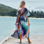 Vestido maxi holgado con estampado floral colorido y bloques de posicionamiento, para cubrir bikini, camisa de protección solar, vestido de playa para vacaciones.