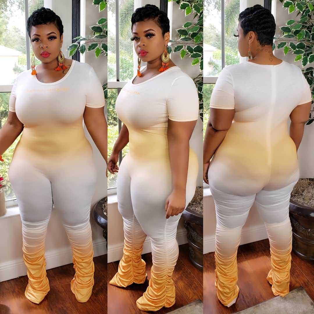 Plus Size Sexy Gradient Zipper Short Sleeve Pleated Trousers One-Piece Nightclub Uniforms WINNIEYA
