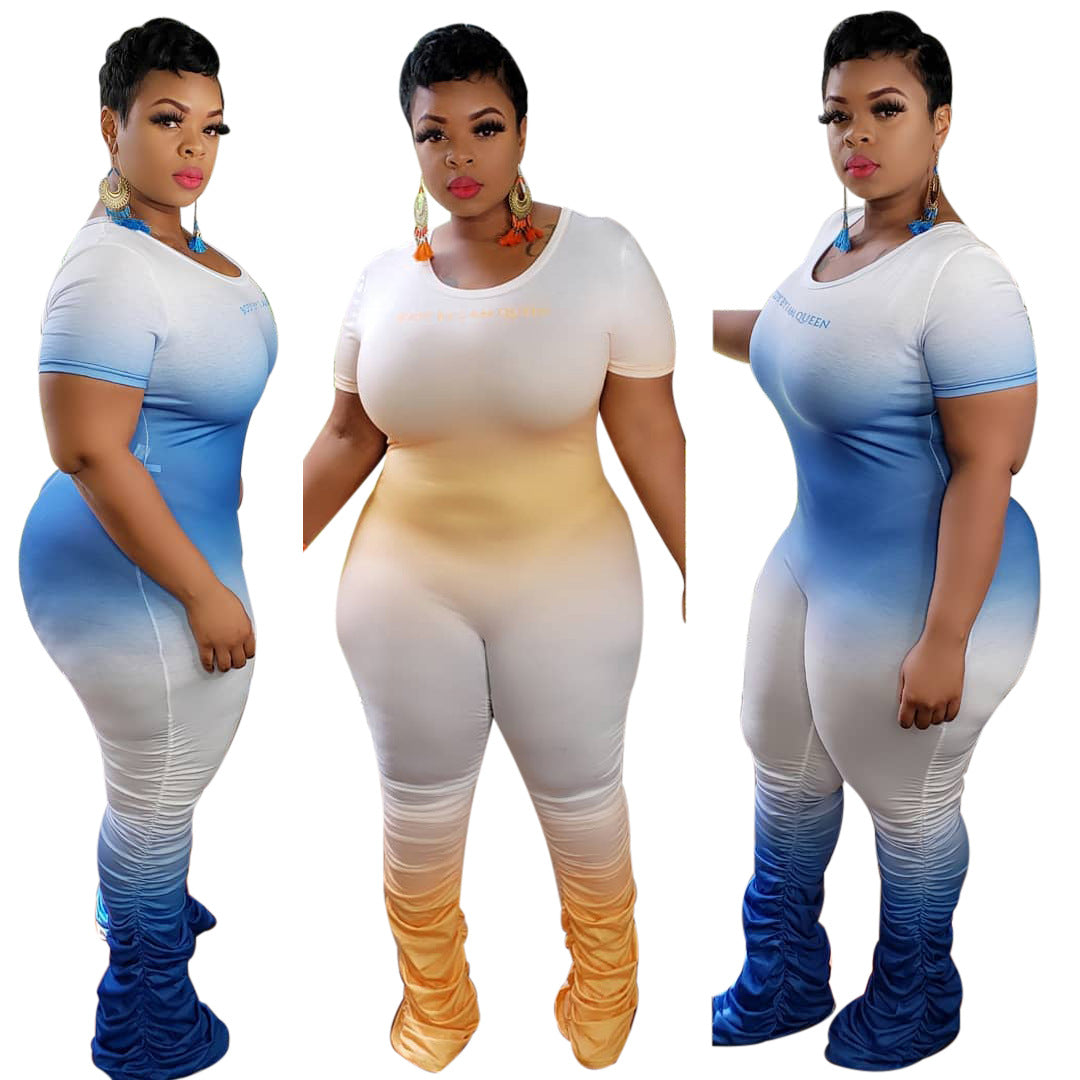 Plus Size Sexy Gradient Zipper Short Sleeve Pleated Trousers One-Piece Nightclub Uniforms WINNIEYA